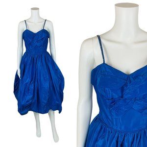 Vintage 50s Sapphire Dress Rhinestone Straps Blue Sweetheart Prom Gown | W 26"